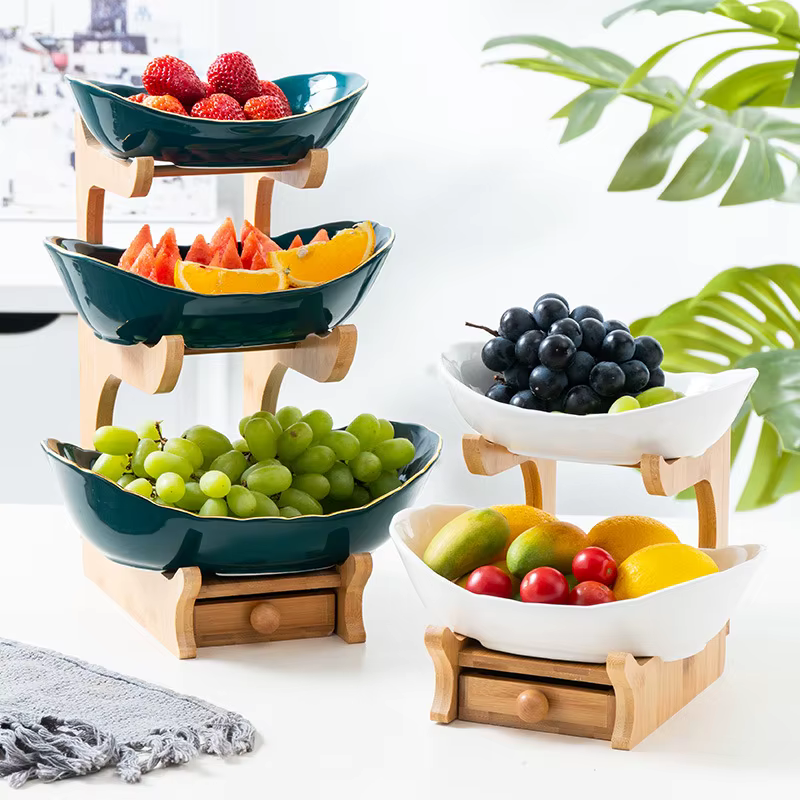 Fruteira de Bambu e Cerâmica Nordic - Design Orgânico e Minimalista