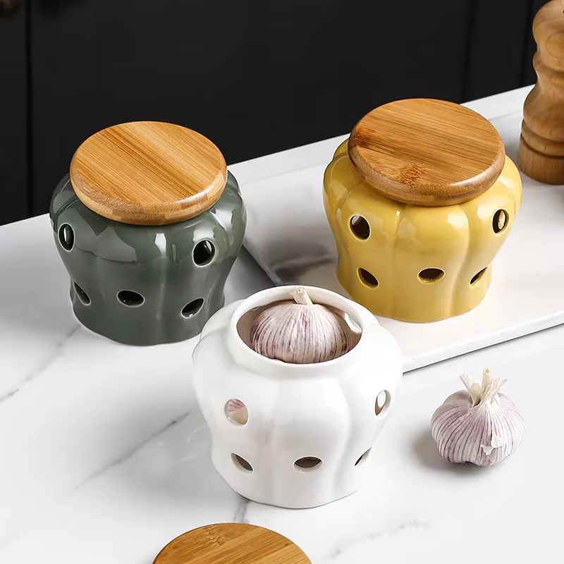 Pote de Cerâmica Arejado Minimalista com Tampa de Bambu