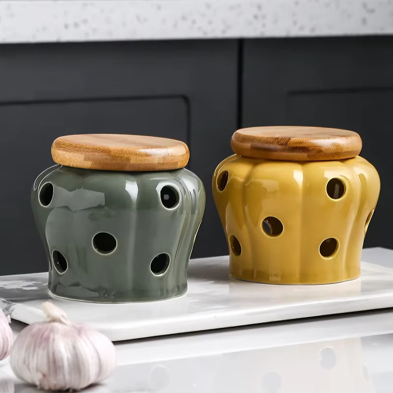 Pote de Cerâmica Arejado Minimalista com Tampa de Bambu