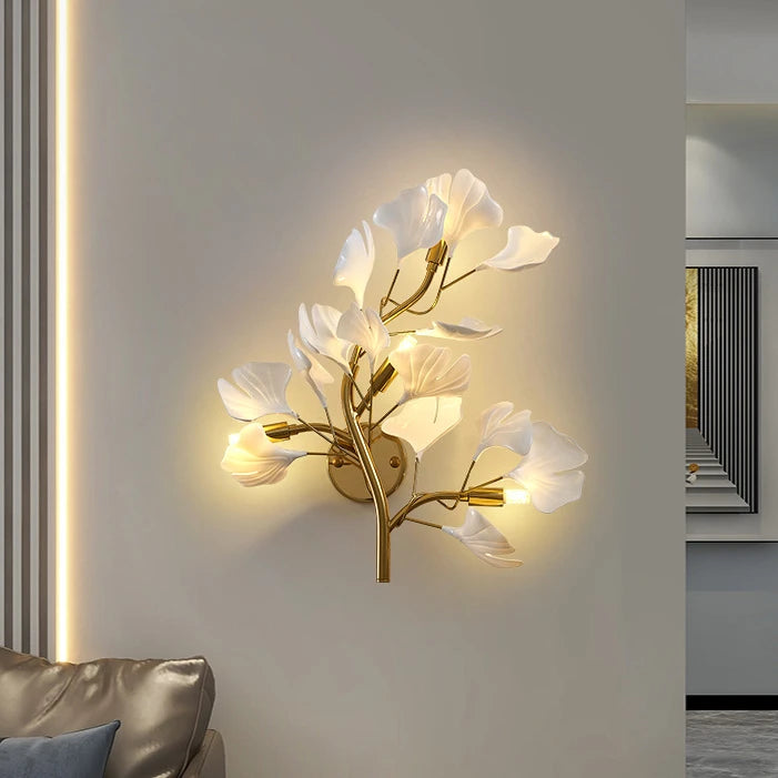Arandela de Parede Floral Ginko Biloba - Luminária Decorativa Dourada