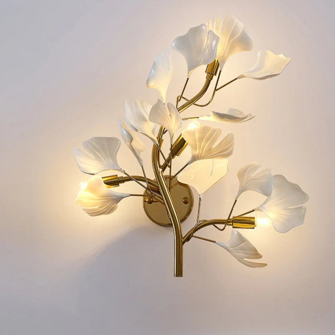 Arandela de Parede Floral Ginko Biloba - Luminária Decorativa Dourada