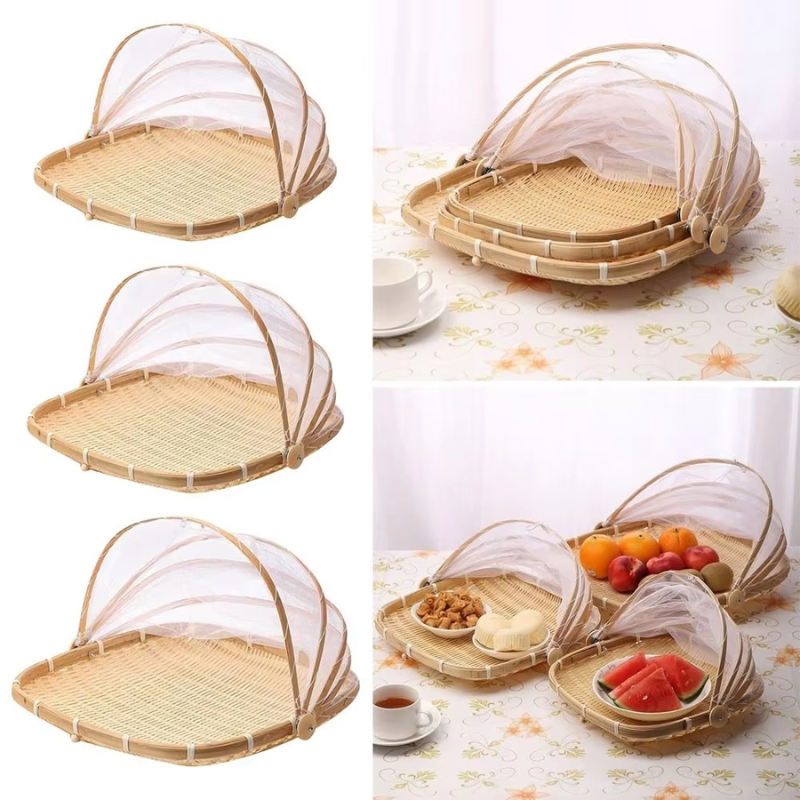 Fruteira de Bambu com Cúpula de Tela