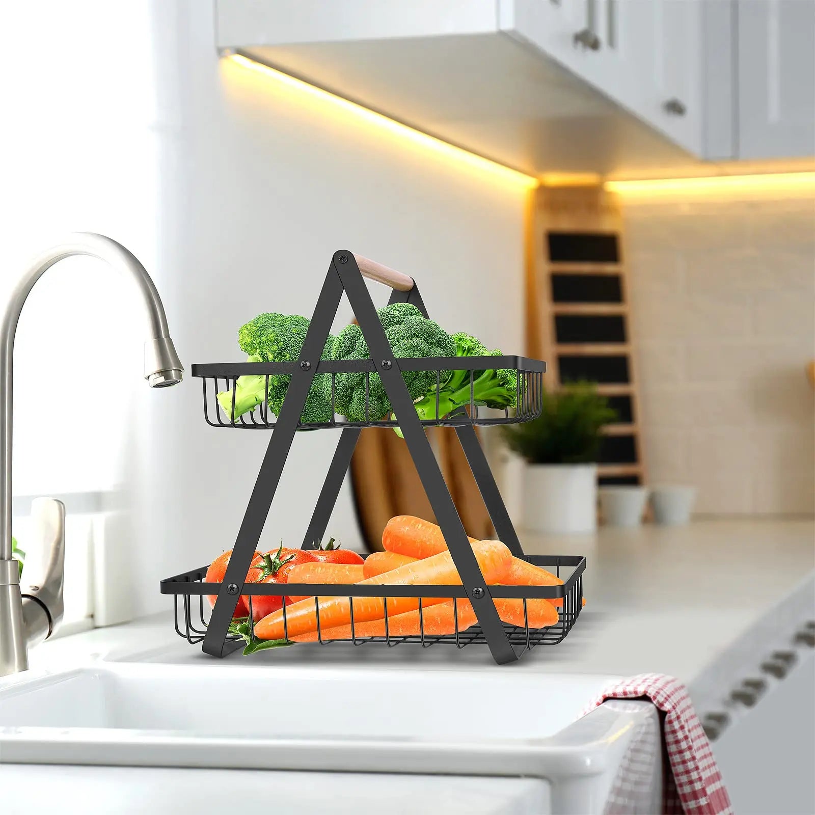 Fruteira de Metal com Alça de Madeira - Design Loft