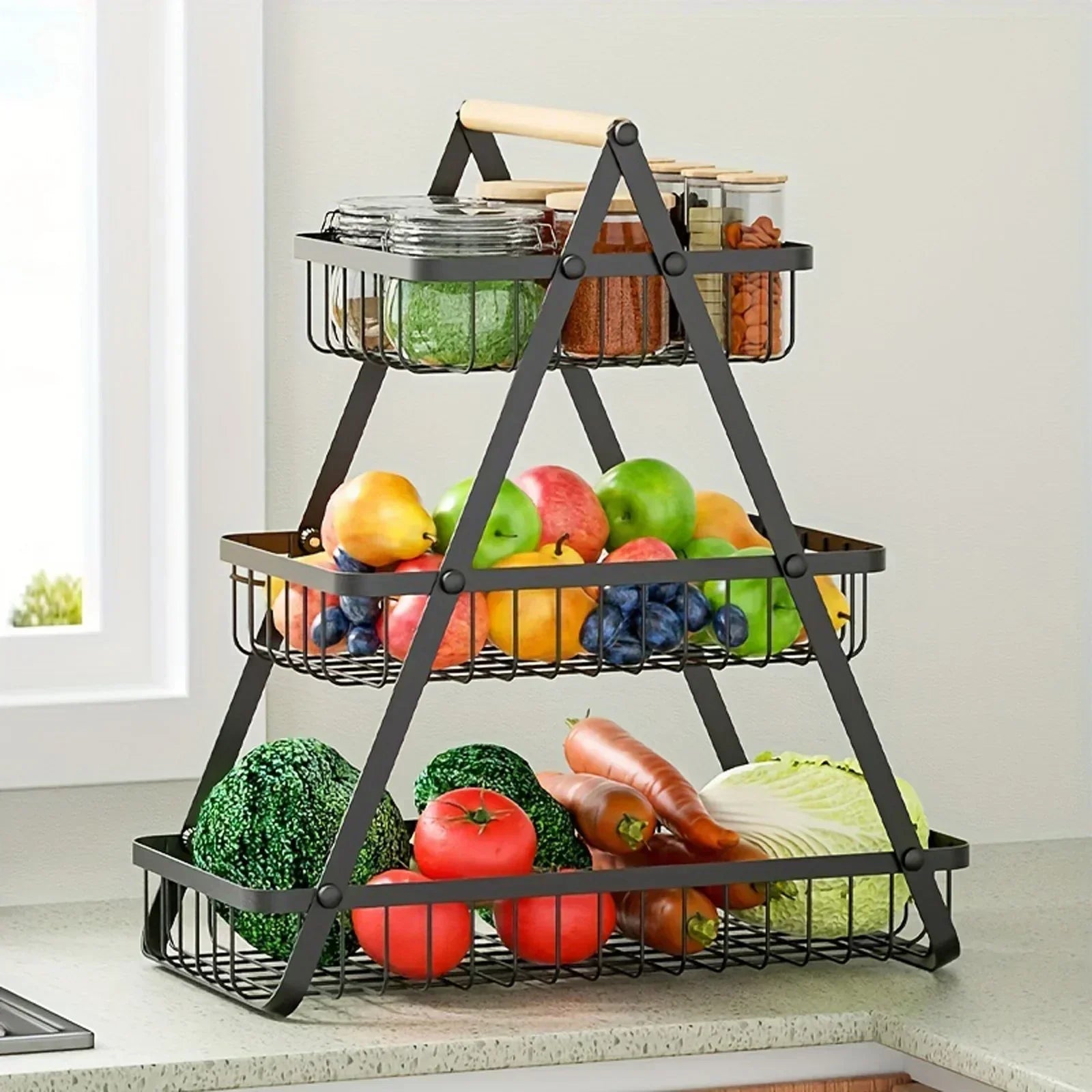 Fruteira de Metal com Alça de Madeira - Design Loft