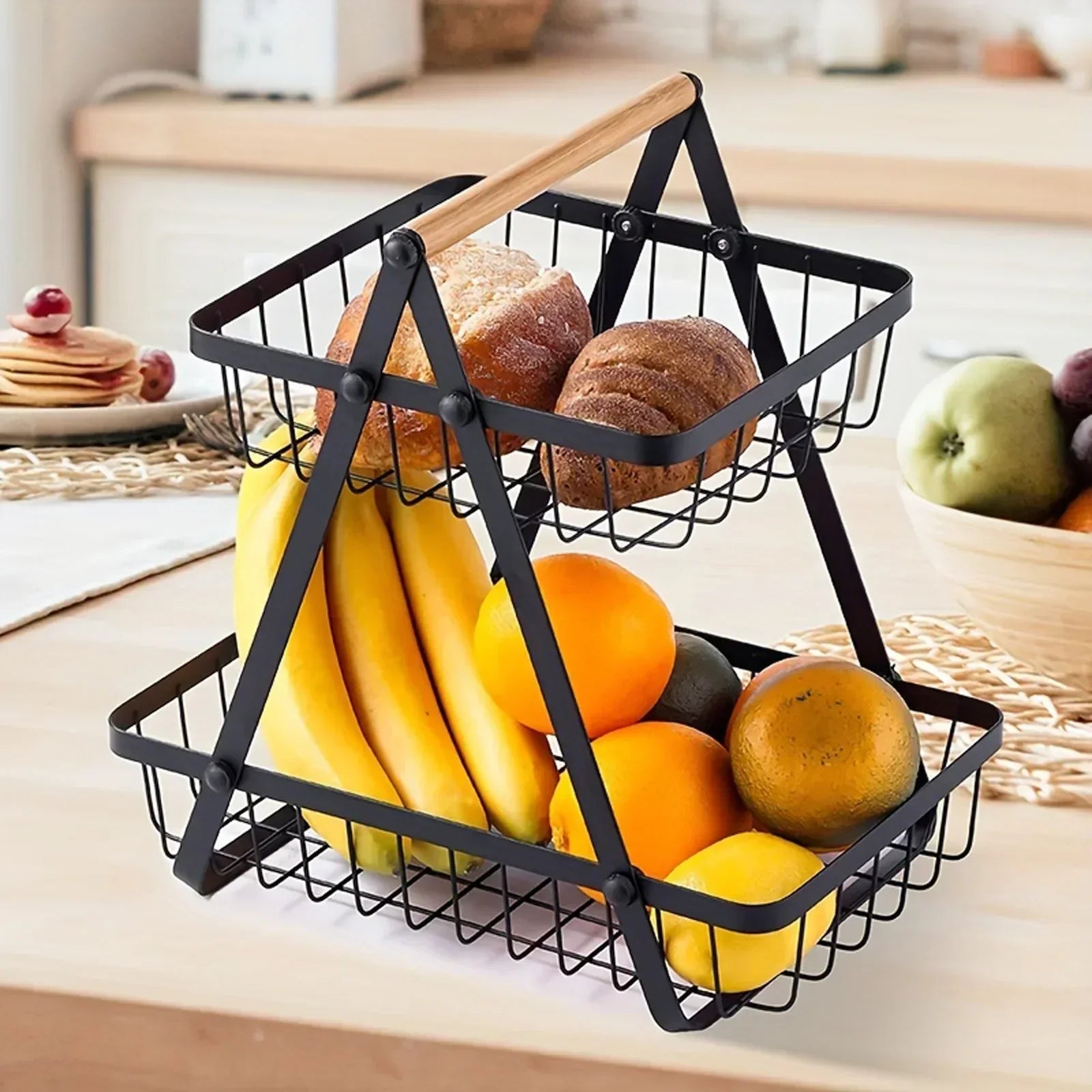 Fruteira de Metal com Alça de Madeira - Design Loft