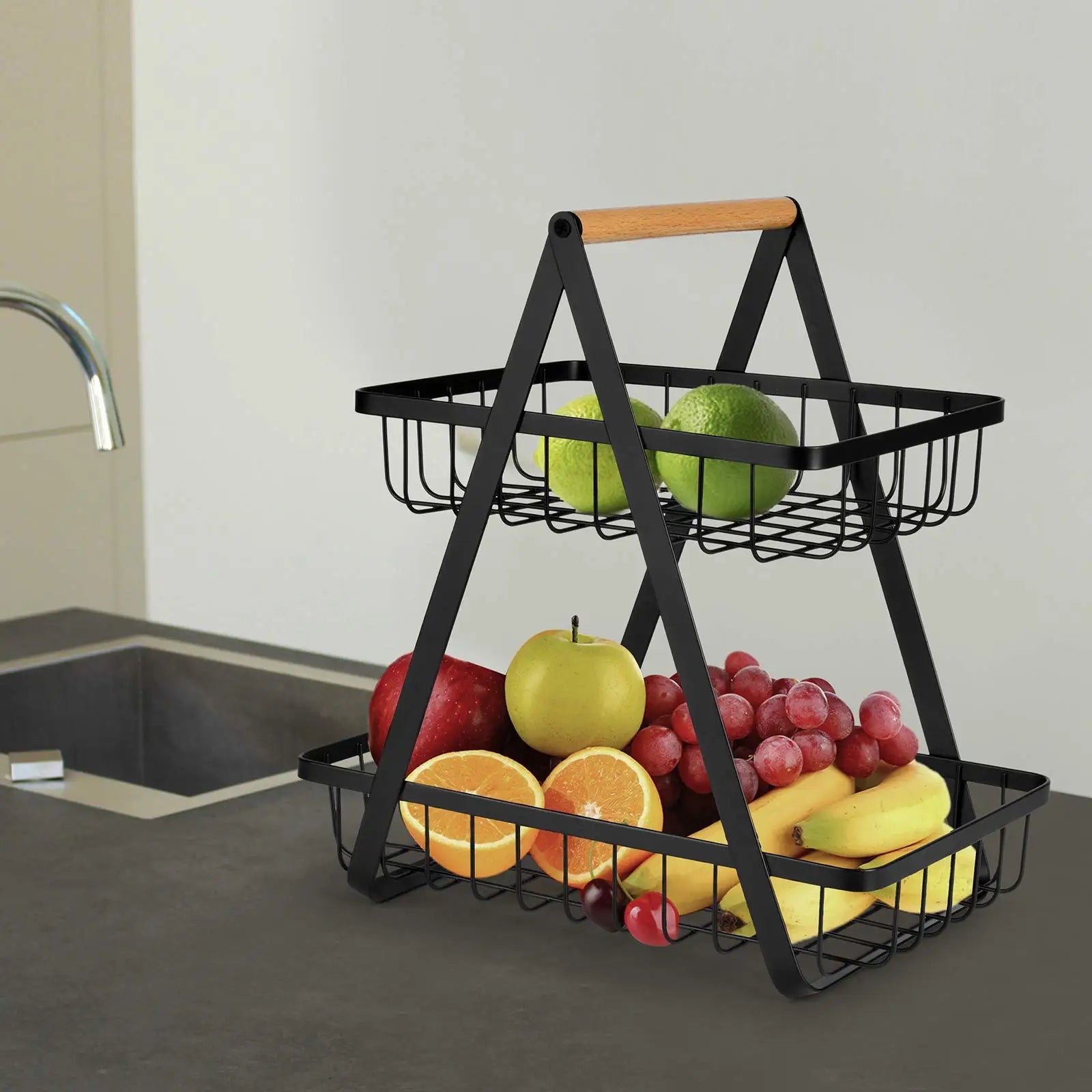 Fruteira de Metal com Alça de Madeira - Design Loft