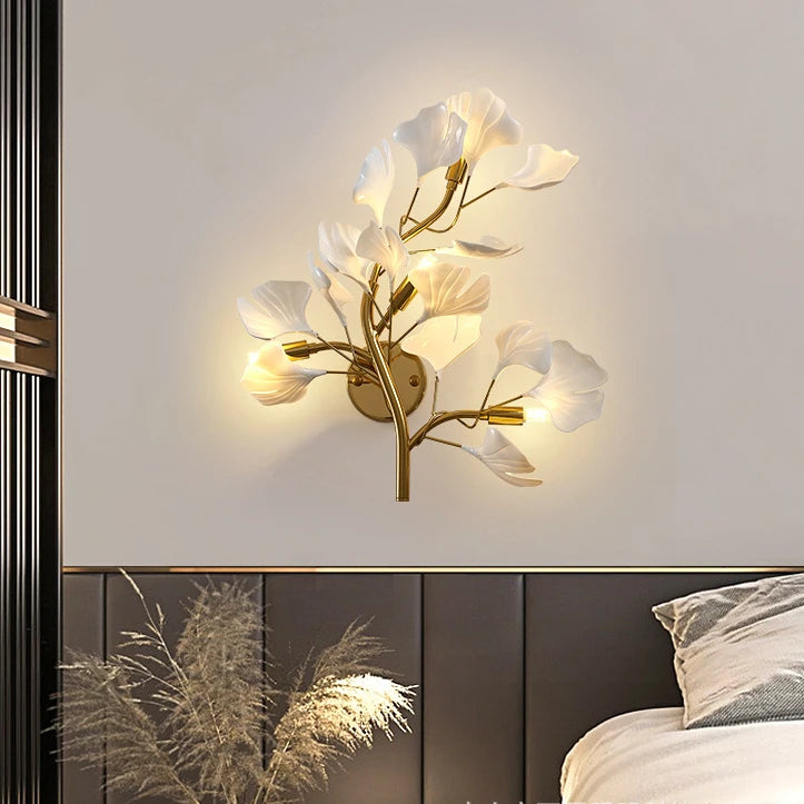 Arandela de Parede Floral Ginko Biloba - Luminária Decorativa Dourada