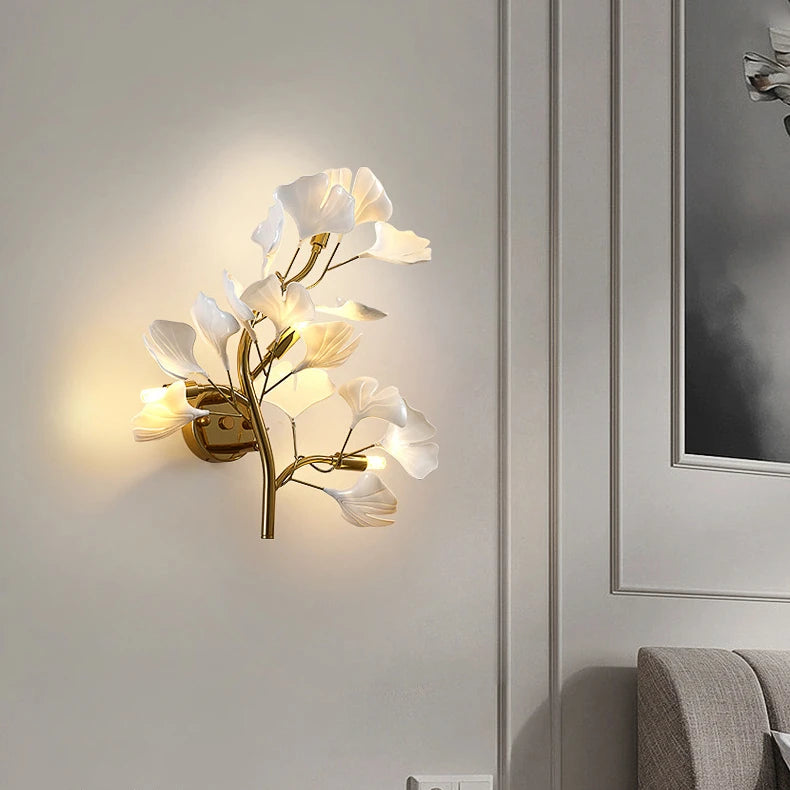 Arandela de Parede Floral Ginko Biloba - Luminária Decorativa Dourada