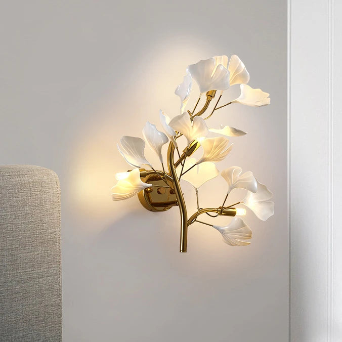Arandela de Parede Floral Ginko Biloba - Luminária Decorativa Dourada