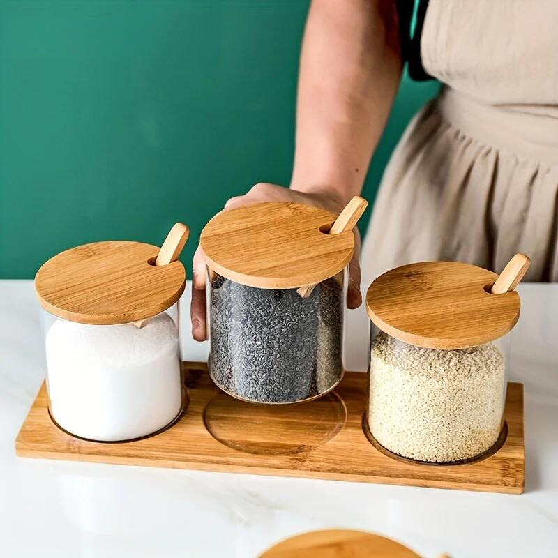 Conjunto 3 Potes de Tempero Vidro com Tampa Bambu - foto 2