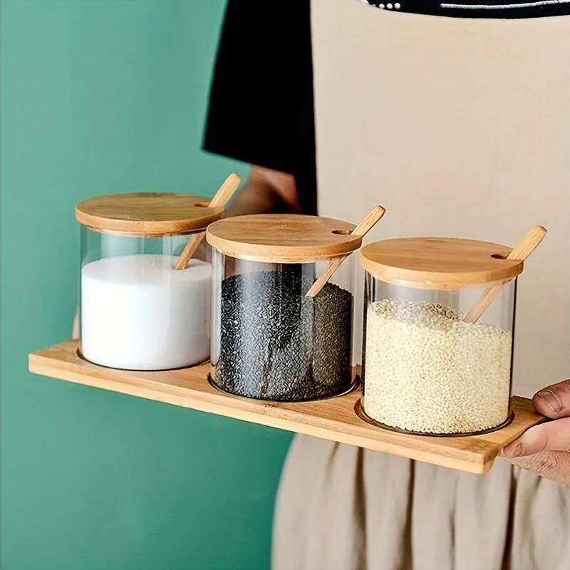 Conjunto 3 Potes de Tempero Vidro com Tampa Bambu